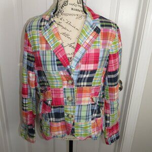 LL Bean Short Blazer Jacket Madras Plaid Patchwork Multicolor Size 6-REG